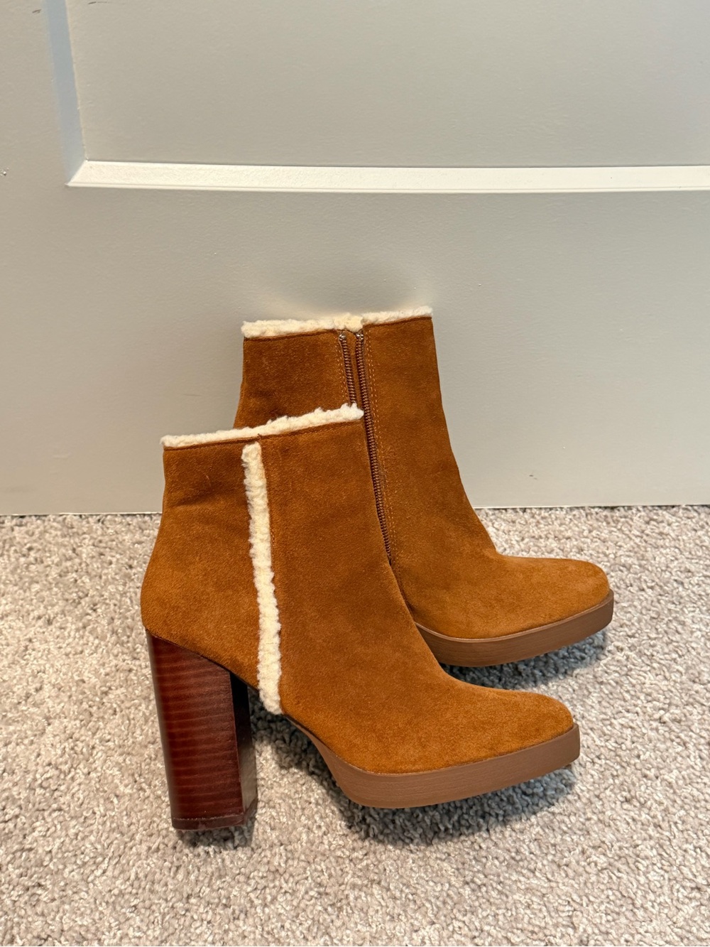 Brown Suede Shearling Trim Platform Ankle Boots - Cognac